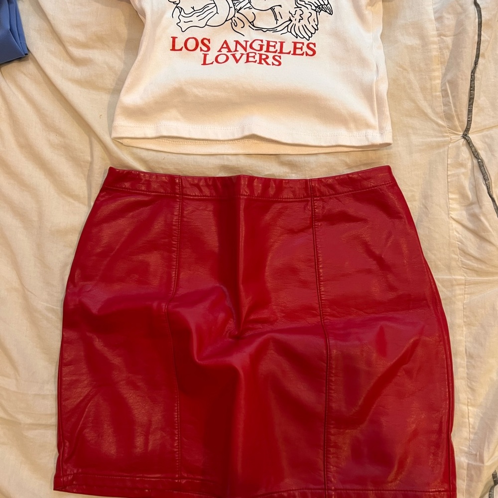 Red leather body con skirt